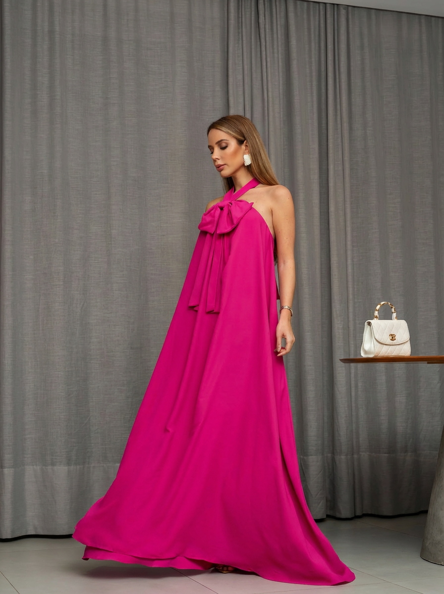 VESTIDO LONGO FRENTE ÚNICA COM LAÇO E FLOR 3D REMOVÍVEL ROSA