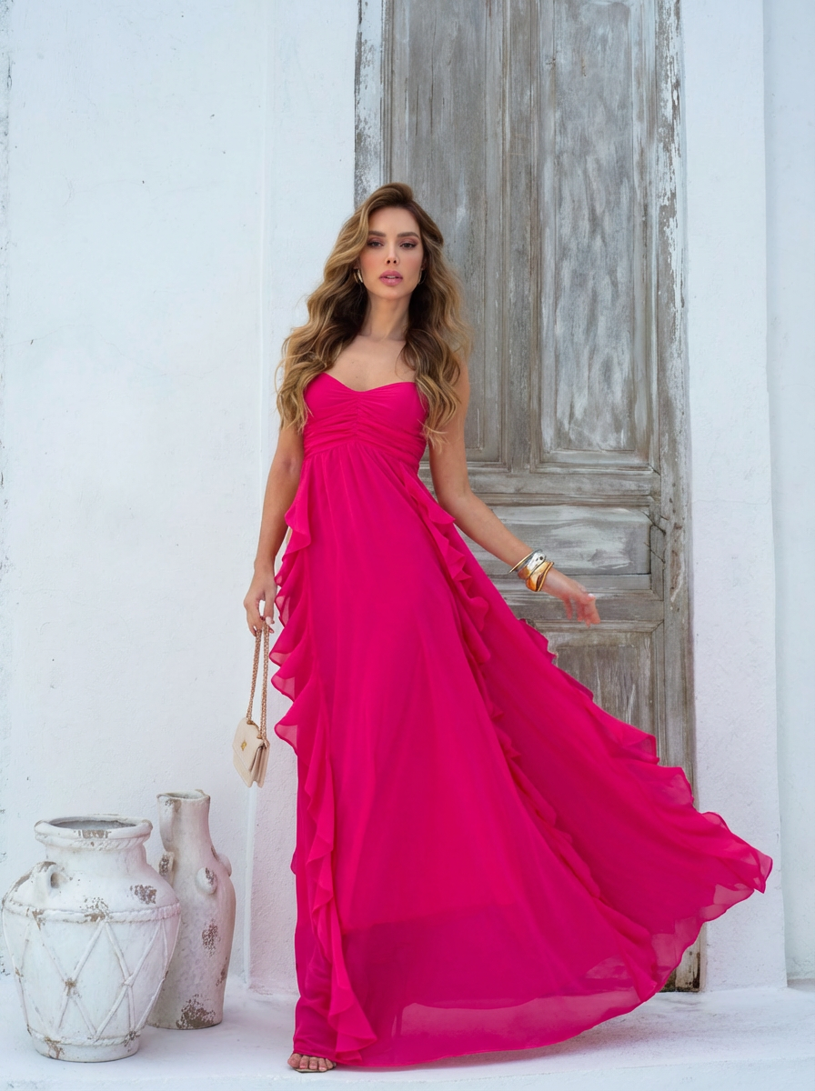 VESTIDO LONGO DECOTE CORAÇÃO COM ALÇAS E BABADO CASCATA ROSA