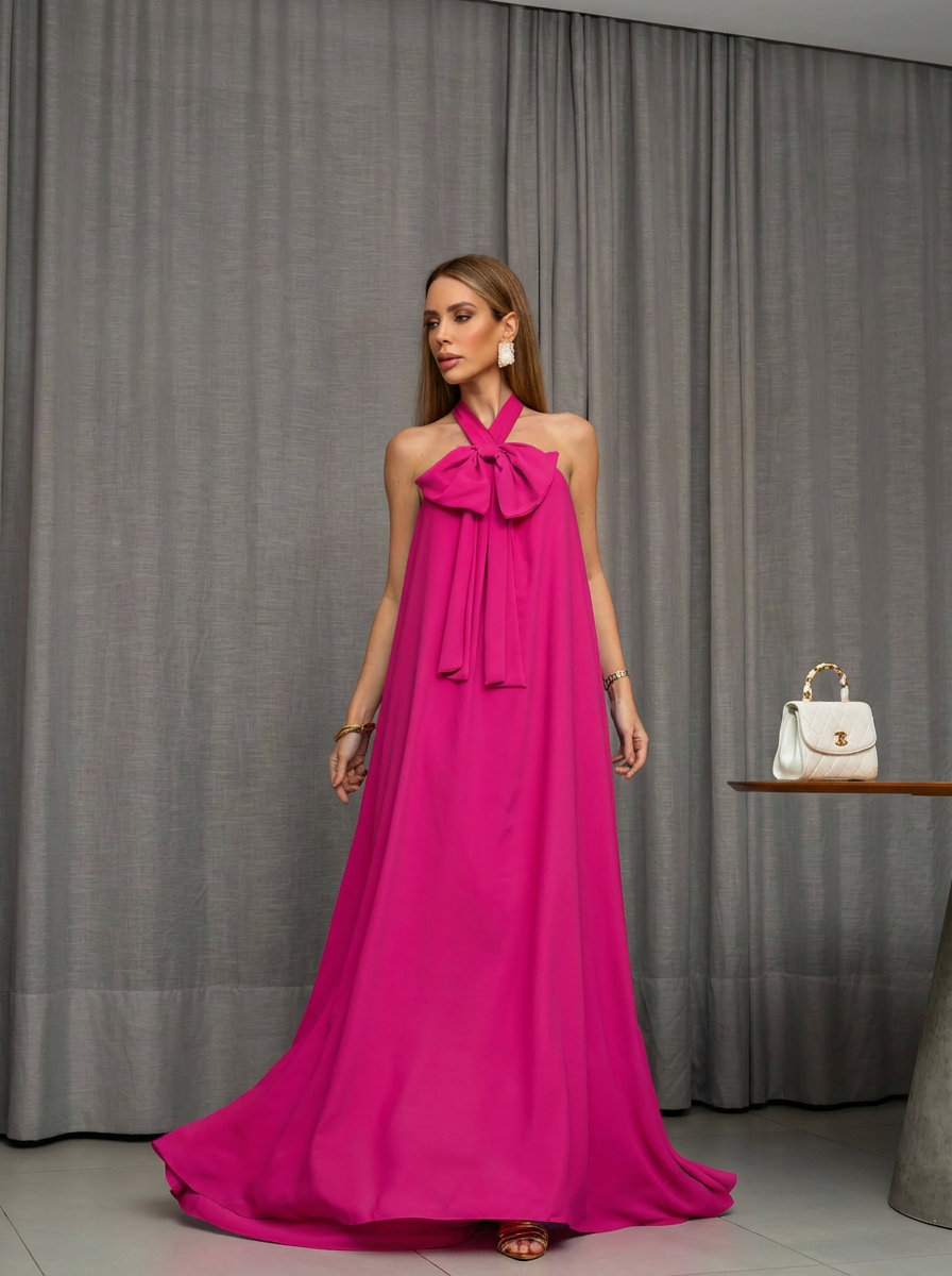 VESTIDO LONGO FRENTE ÚNICA COM LAÇO E FLOR 3D REMOVÍVEL ROSA