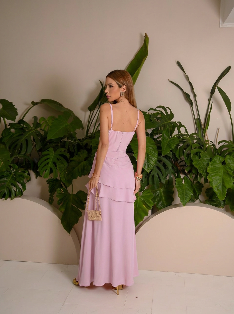 VESTIDO LONGO DECOTE RETO COM BABADO ROSA