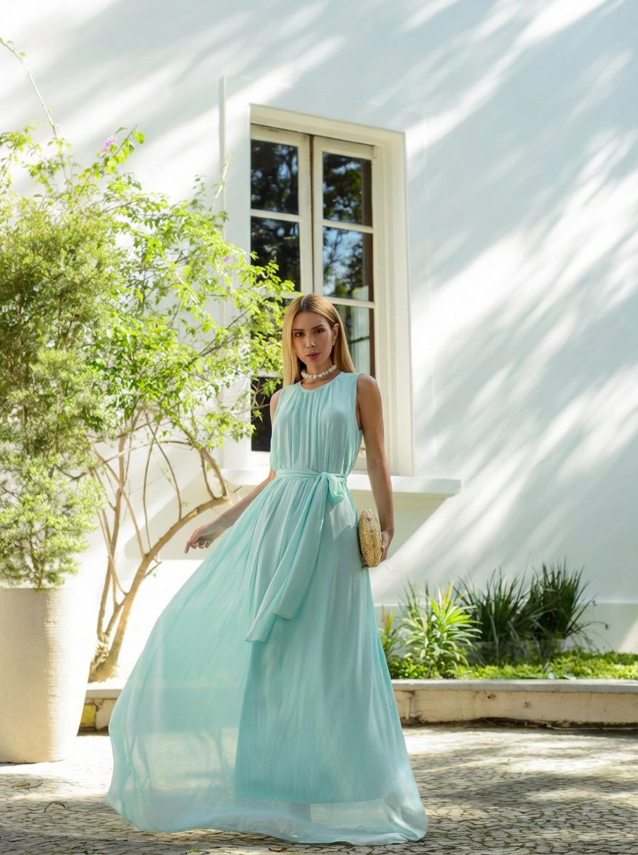 VESTIDO LONGO GOLA REDONDA COM CINTO DE PÉROLAS AZUL