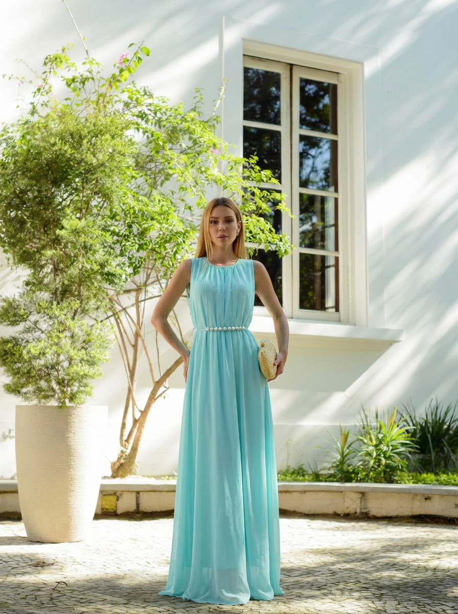 VESTIDO LONGO GOLA REDONDA COM CINTO DE PÉROLAS AZUL