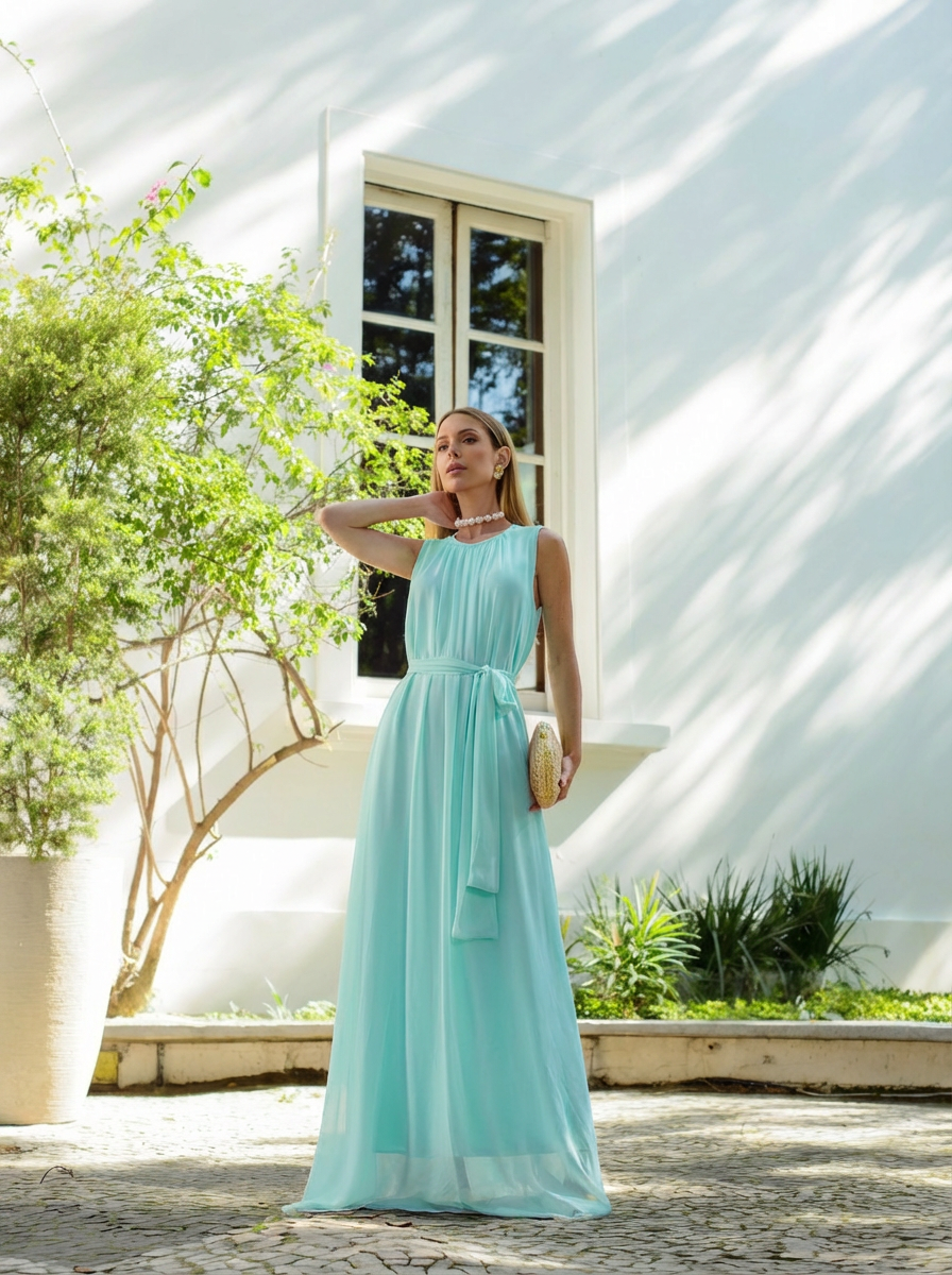 VESTIDO LONGO GOLA REDONDA COM CINTO DE PÉROLAS AZUL