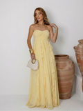 VESTIDO LONGO TOMARA QUE CAIA COM BABADOS CASCATA AMARELO