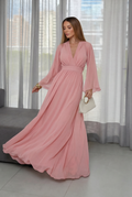 VESTIDO LONGO DECOTE V COM MANGA SINO ROSA