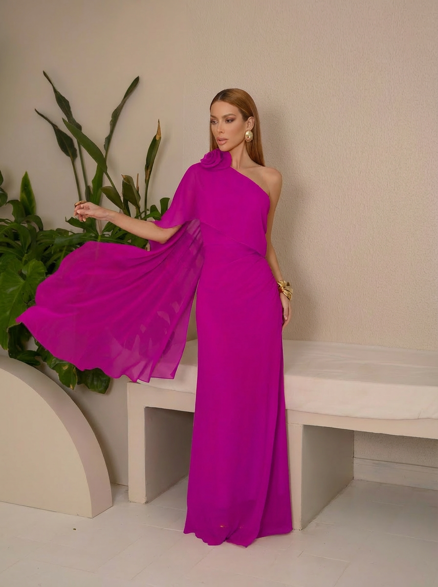 VESTIDO LONGO UM OMBRO ECHARPE COM FLOR 3D REMOVÍVEL ROSA