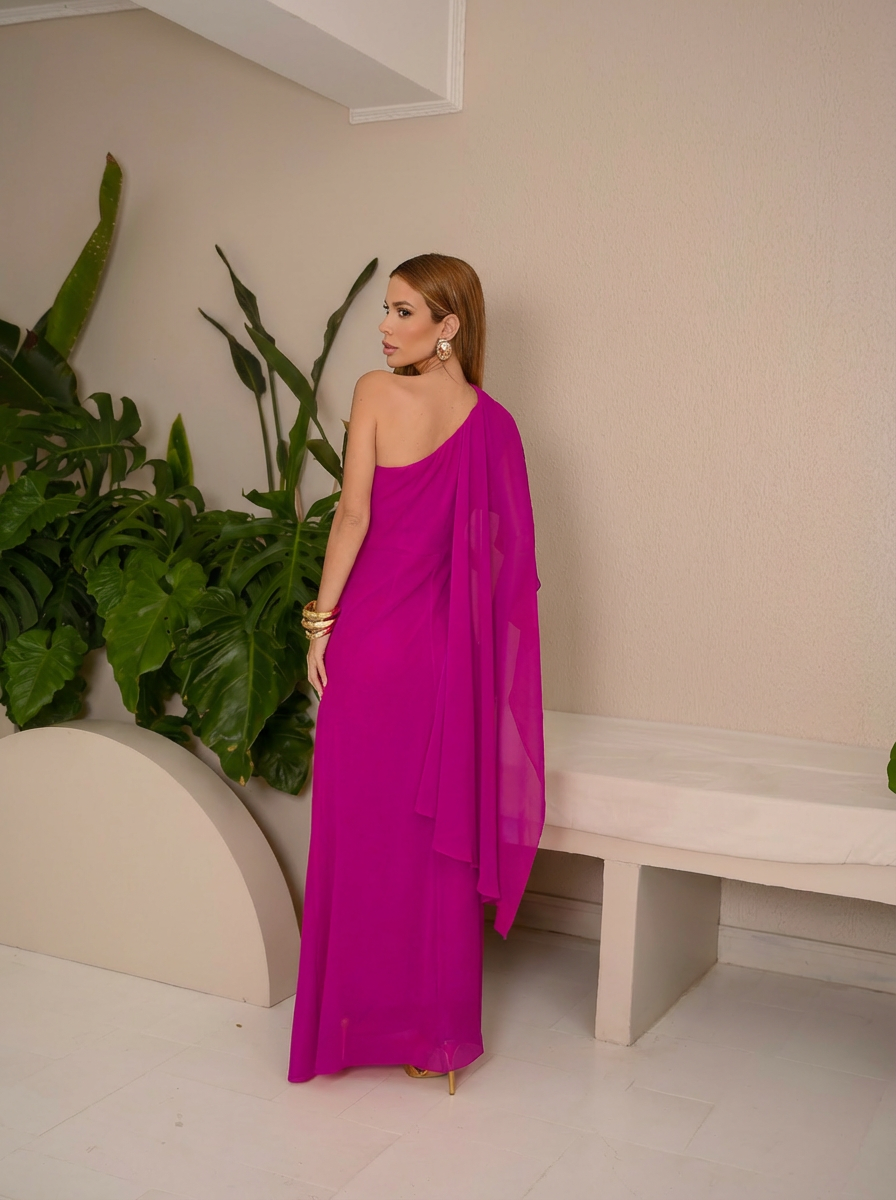 VESTIDO LONGO UM OMBRO ECHARPE COM FLOR 3D REMOVÍVEL ROSA