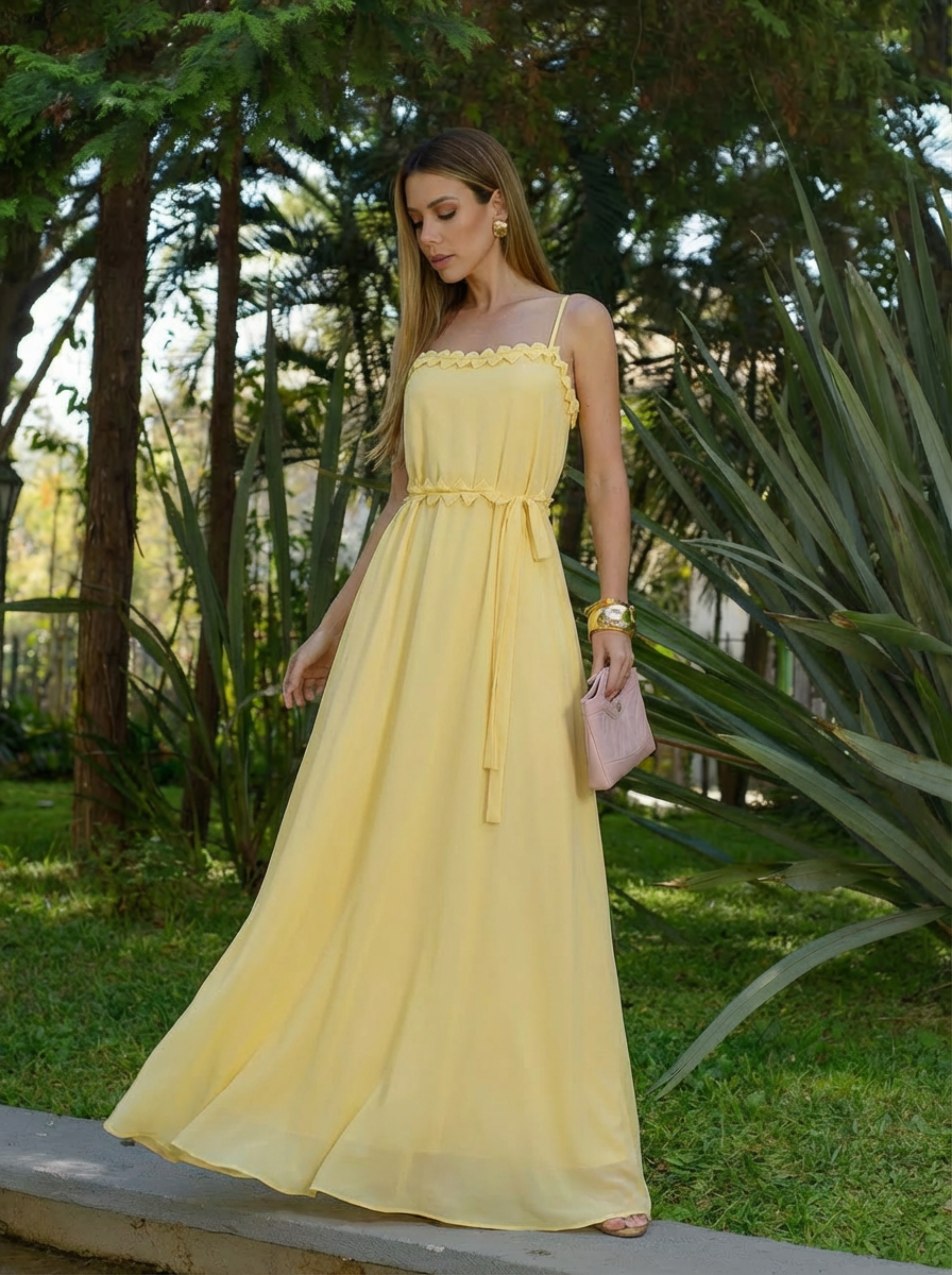 VESTIDO LONGO DECOTE RETO DE ALÇAS COM DETALHE ORIGAMI AMARELO