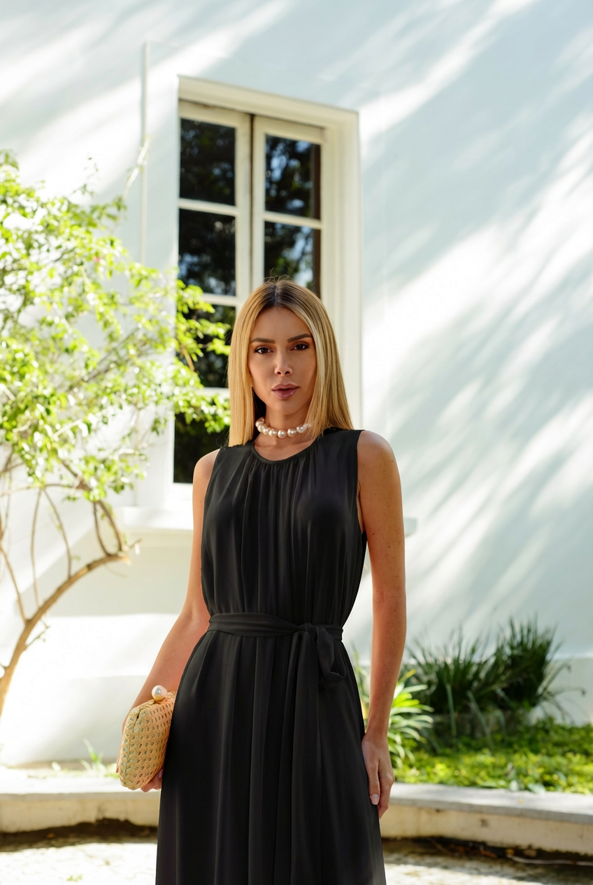 VESTIDO LONGO GOLA REDONDA COM CINTO DE PÉROLAS PRETO