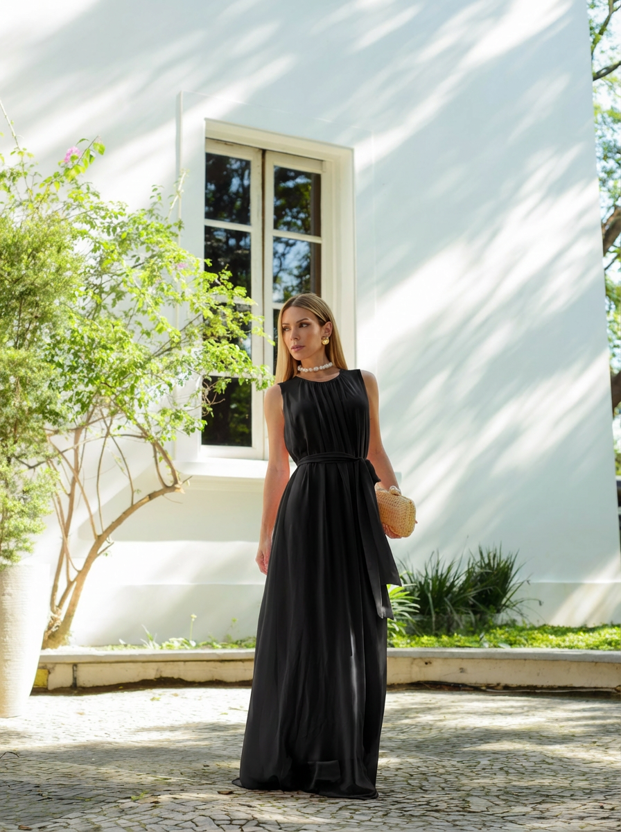 VESTIDO LONGO GOLA REDONDA COM CINTO DE PÉROLAS PRETO