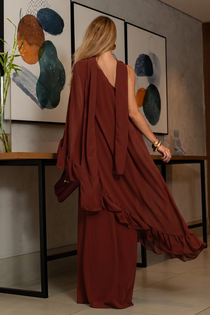 VESTIDO LONGO UM OMBRO COM BABADOS TERRACOTA