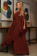 VESTIDO LONGO UM OMBRO COM BABADOS TERRACOTA