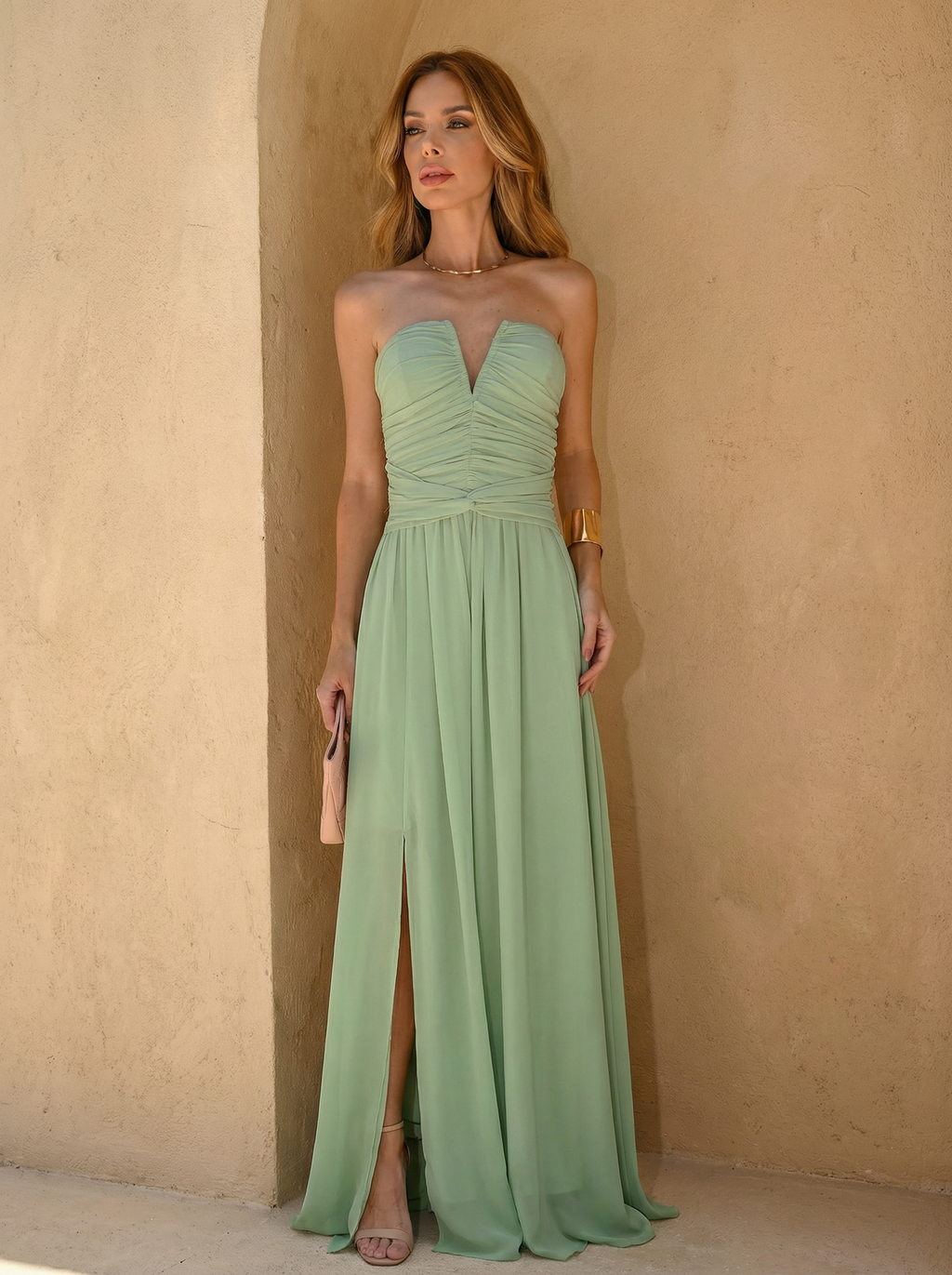 VESTIDO LONGO TOMARA QUE CAIA DECOTE V DRAPEADO COM FENDA LATERAL VERDE