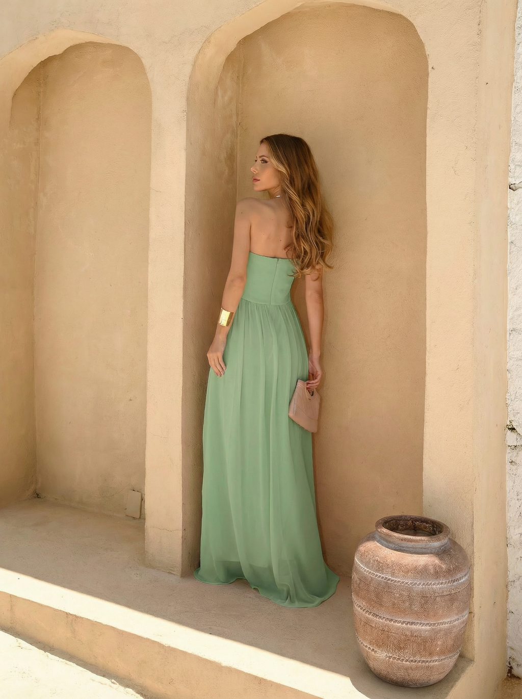 VESTIDO LONGO TOMARA QUE CAIA DECOTE V DRAPEADO COM FENDA LATERAL VERDE