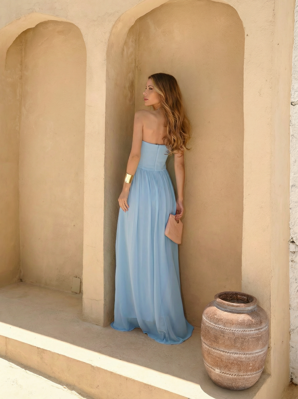 VESTIDO LONGO TOMARA QUE CAIA DECOTE V DRAPEADO COM FENDA LATERAL AZUL