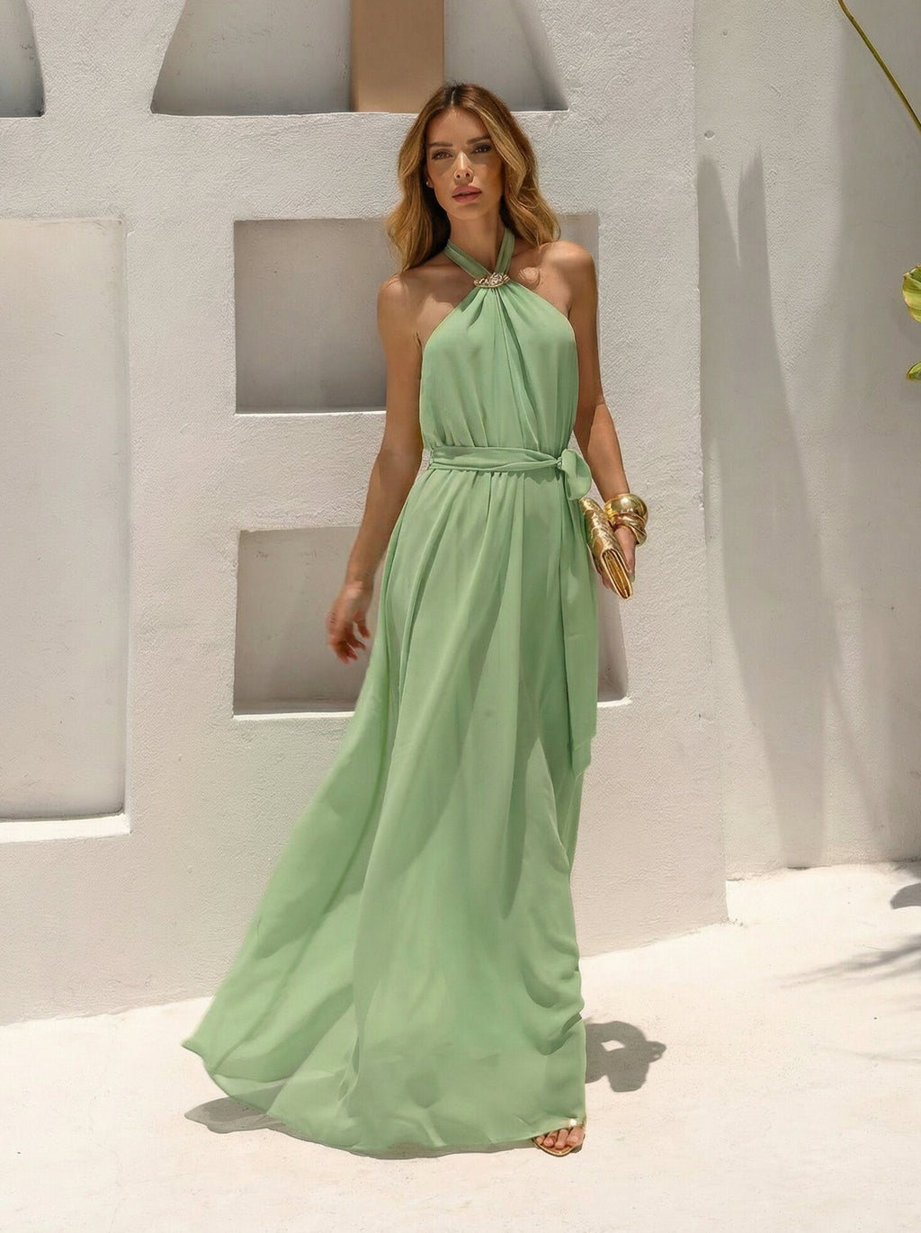 VESTIDO LONGO FRENTE ÚNICA COM FIVELA VERDE