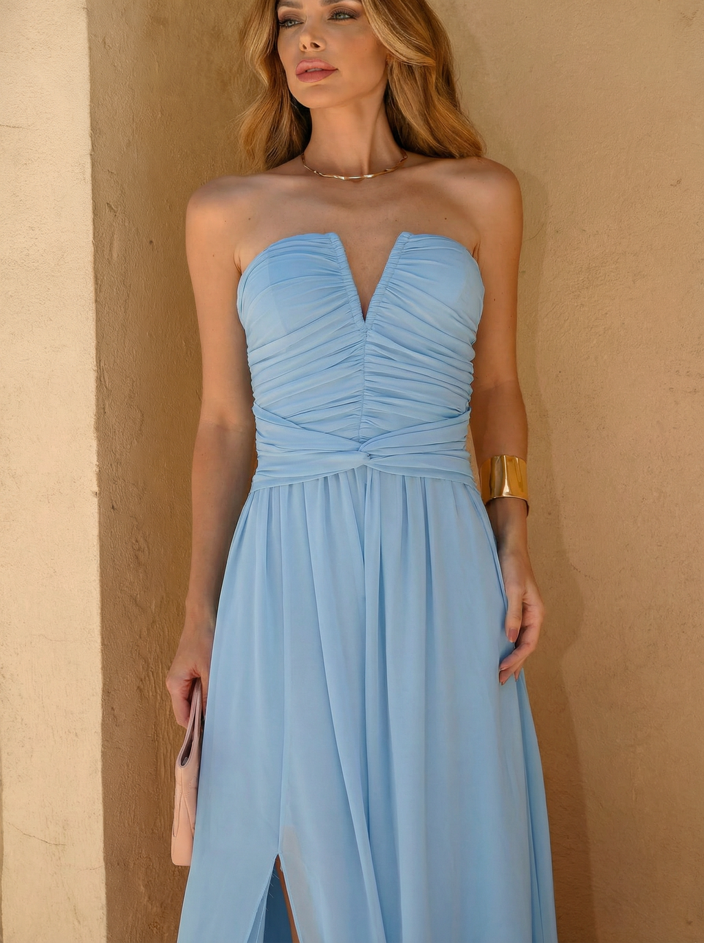 VESTIDO LONGO TOMARA QUE CAIA DECOTE V DRAPEADO COM FENDA LATERAL AZUL