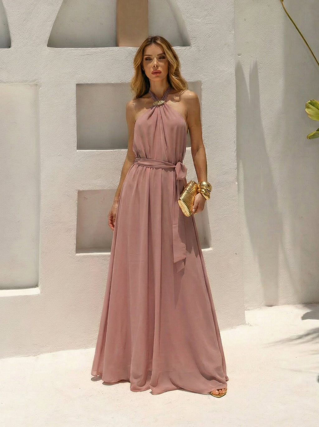 VESTIDO LONGO FRENTE ÚNICA COM FIVELA ROSA ANTIGO