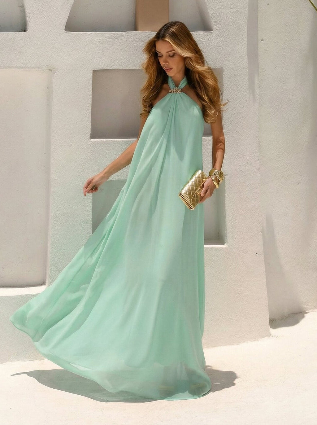 VESTIDO LONGO FRENTE ÚNICA COM FIVELA VERDE ÁGUA