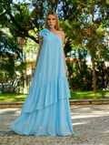 VESTIDO LONGO UM OMBRO COM FLOR 3D REMOVÍVEL E SAIA EM CAMADAS AZUL