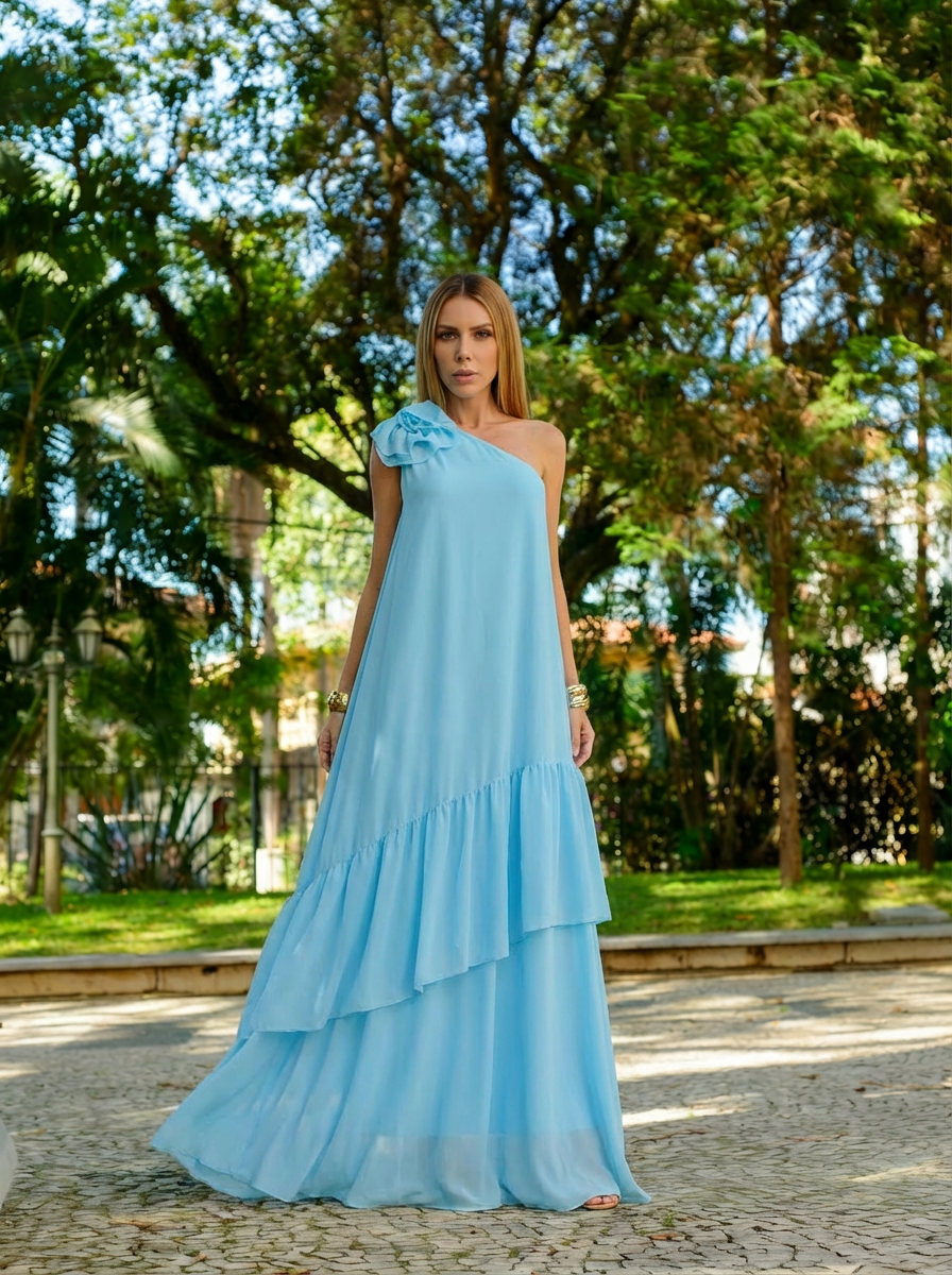 VESTIDO LONGO UM OMBRO COM FLOR 3D REMOVÍVEL E SAIA EM CAMADAS AZUL