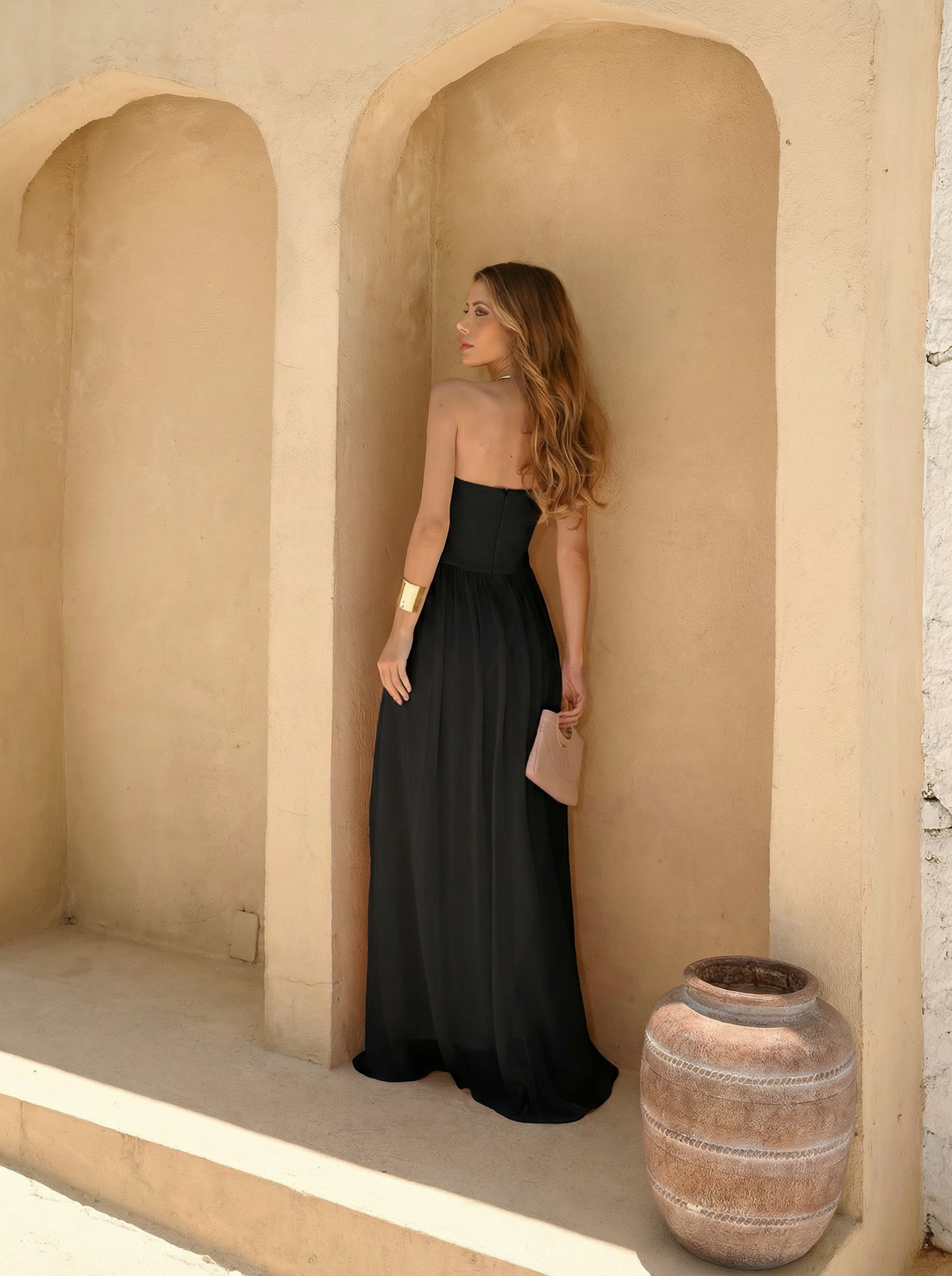 VESTIDO LONGO TOMARA QUE CAIA DECOTE V DRAPEADO COM FENDA LATERAL PRETO