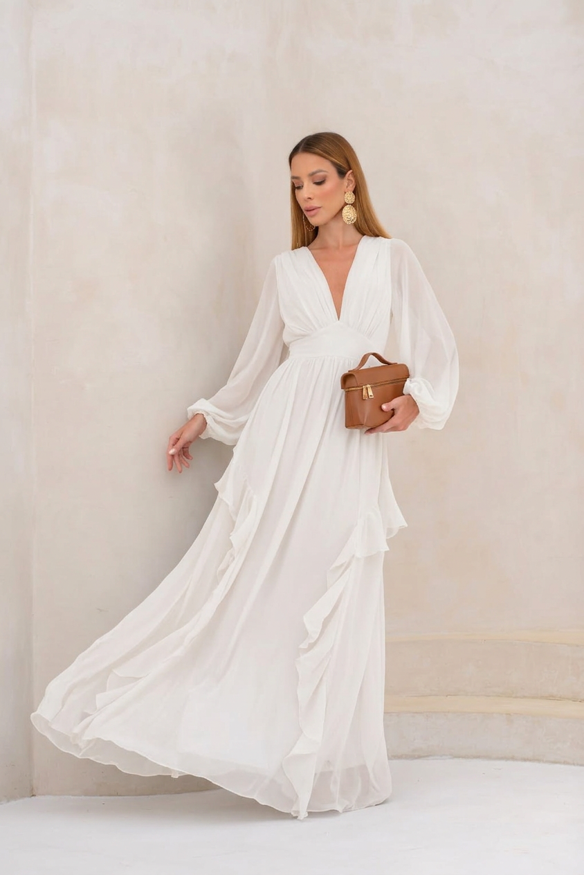 VESTIDO LONGO DECOTE V PROFUNDO COM MANGA BUFANTE E BABADOS LATERAIS OFF WHITE