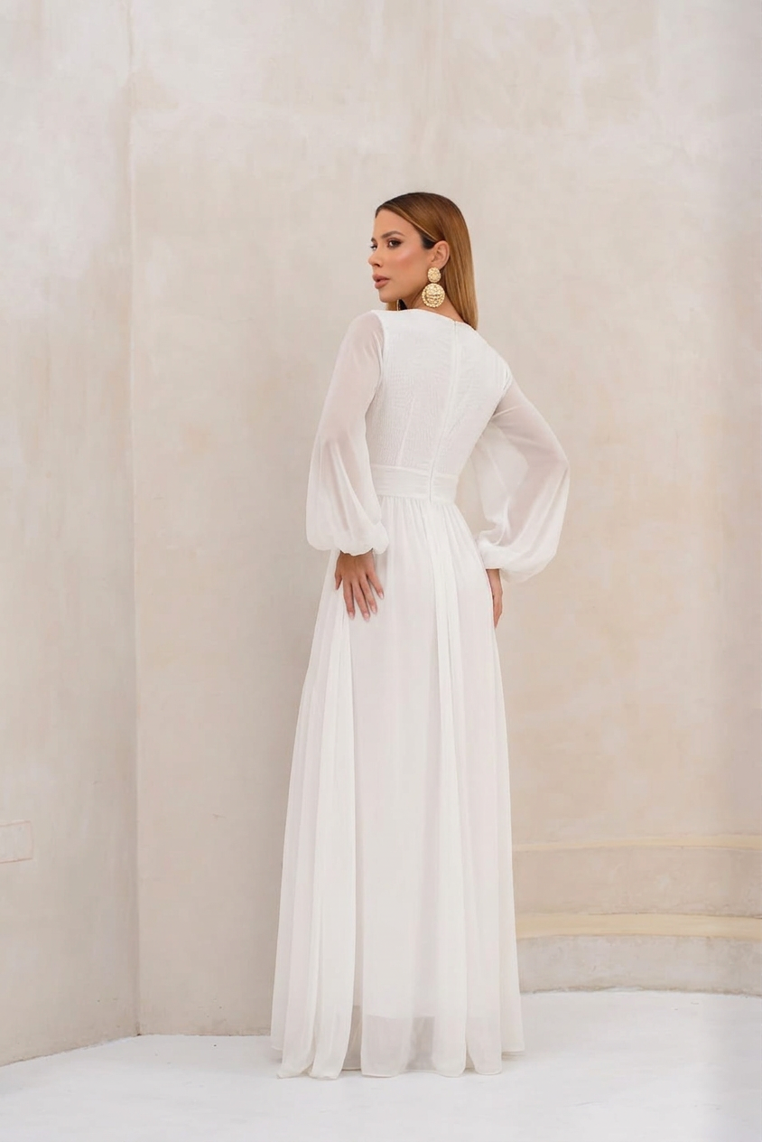 VESTIDO LONGO DECOTE V PROFUNDO COM MANGA BUFANTE E BABADOS LATERAIS OFF WHITE