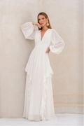 VESTIDO LONGO DECOTE V PROFUNDO COM MANGA BUFANTE E BABADOS LATERAIS OFF WHITE