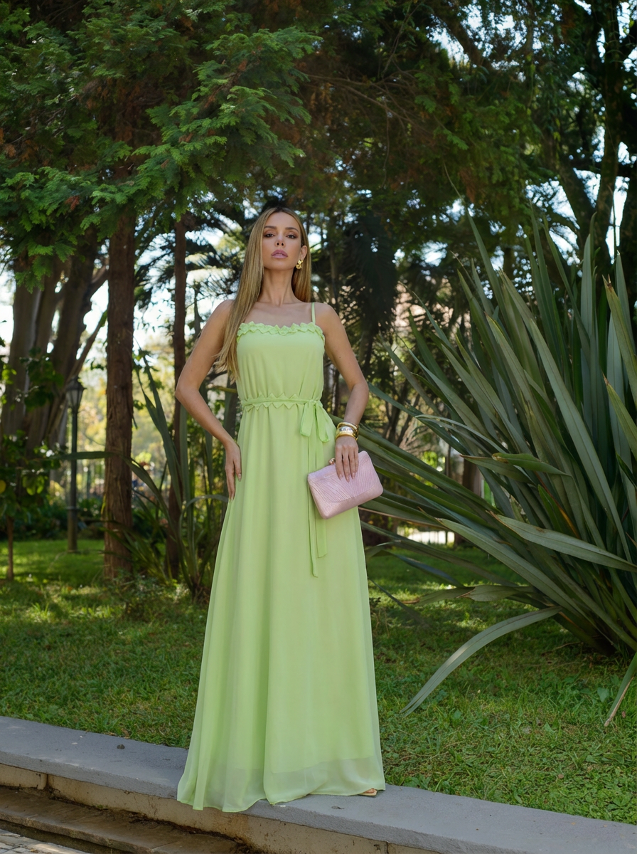 VESTIDO LONGO DECOTE RETO DE ALÇAS COM DETALHE ORIGAMI VERDE
