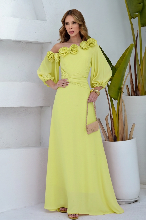 VESTIDO LONGO UM OMBRO COM MANGA BUFANTE E FLORES 3D AMARELO