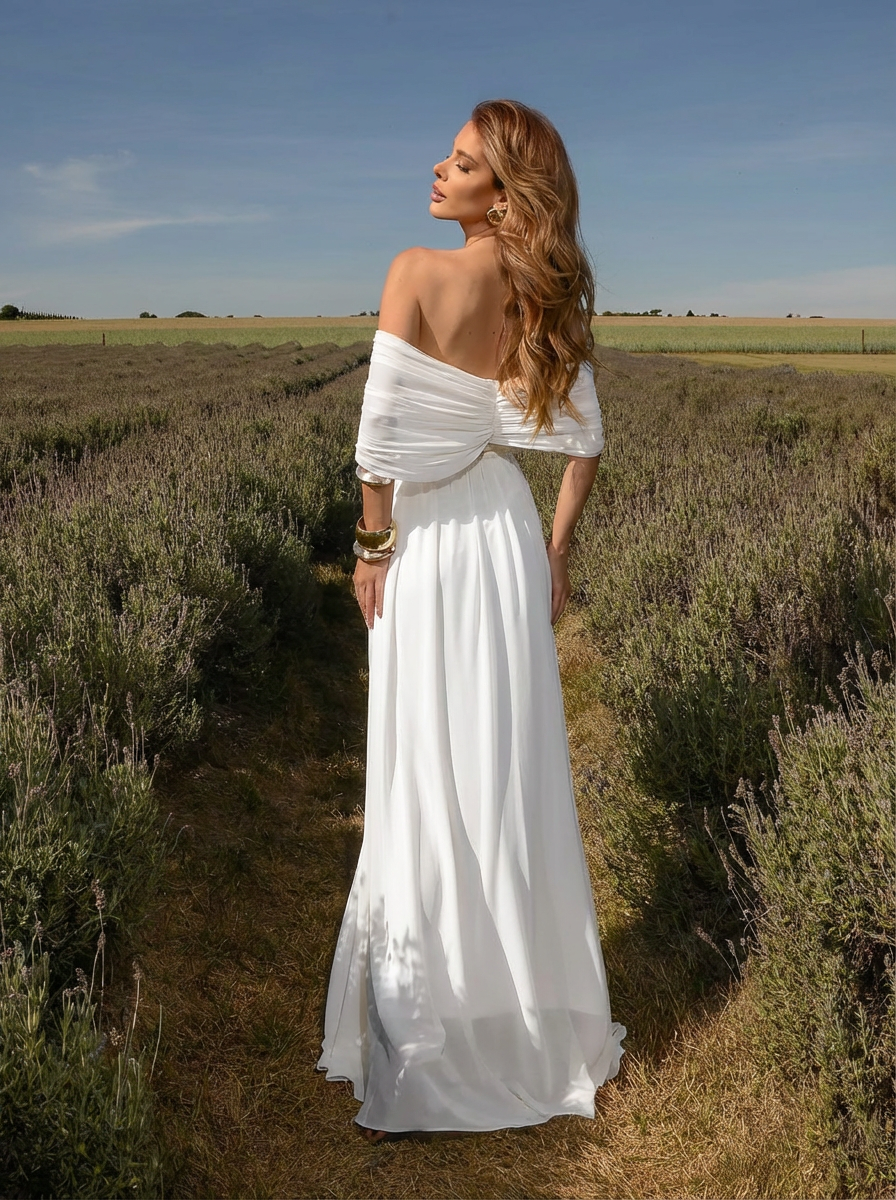 VESTIDO LONGO OMBRO A OMBRO CORSET ESTRUTURADO COM FLOR 3D REMOVÍVEL OFF WHITE