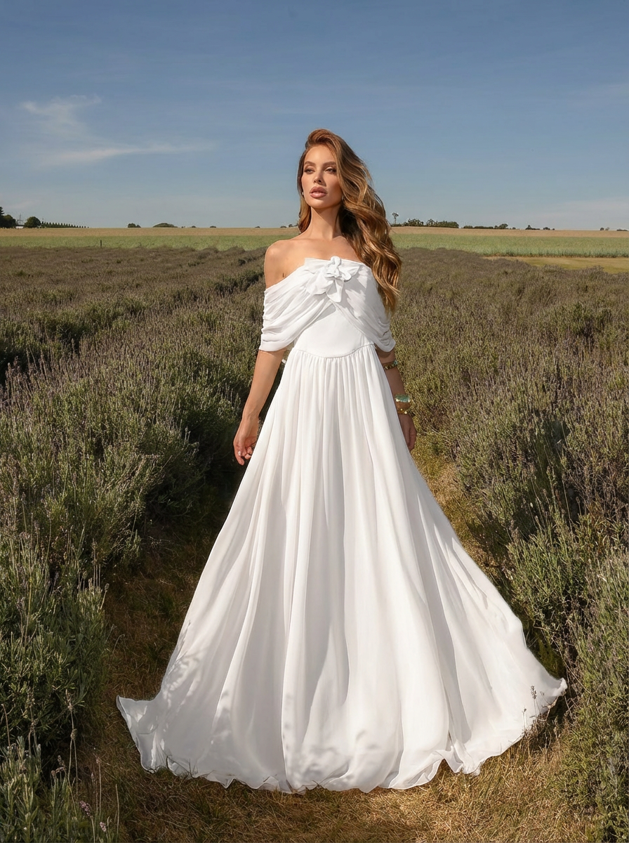 VESTIDO LONGO OMBRO A OMBRO CORSET ESTRUTURADO COM FLOR 3D REMOVÍVEL OFF WHITE