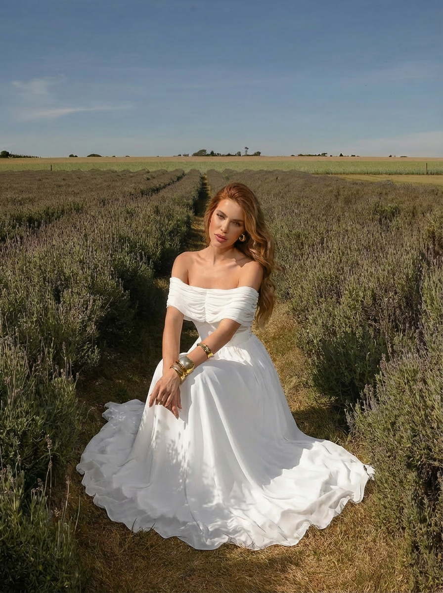 VESTIDO LONGO OMBRO A OMBRO CORSET ESTRUTURADO COM FLOR 3D REMOVÍVEL OFF WHITE