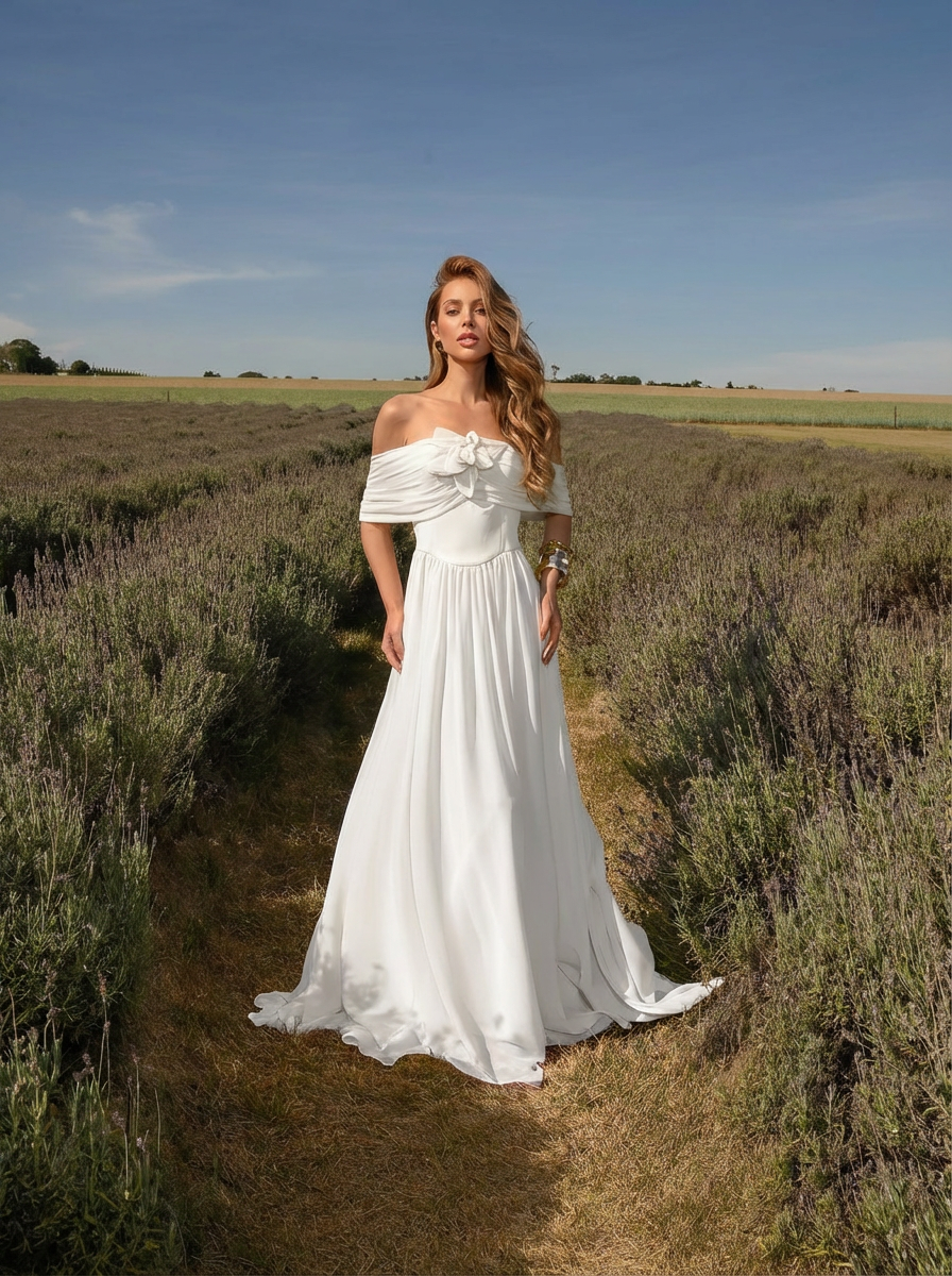 VESTIDO LONGO OMBRO A OMBRO CORSET ESTRUTURADO COM FLOR 3D REMOVÍVEL OFF WHITE