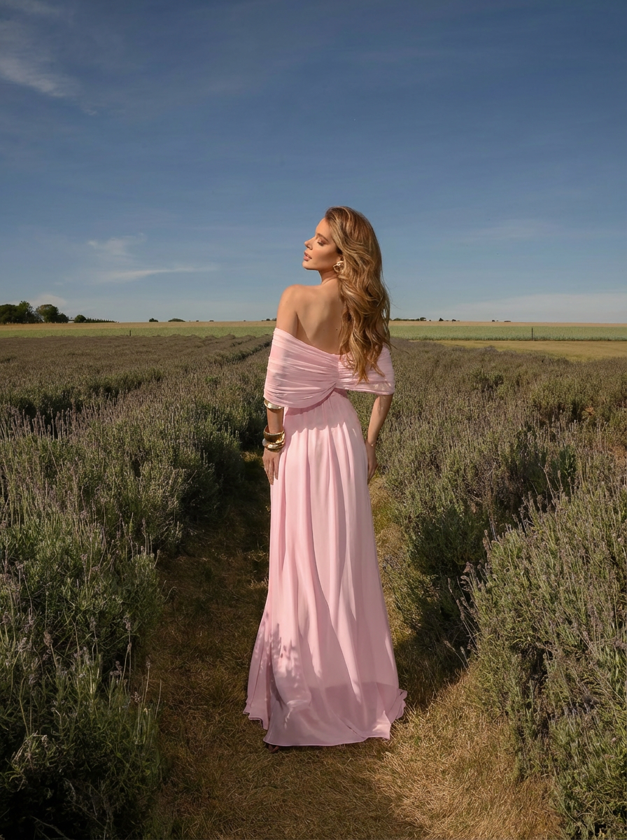 VESTIDO LONGO OMBRO A OMBRO CORSET ESTRUTURADO COM FLOR 3D REMOVÍVEL ROSA