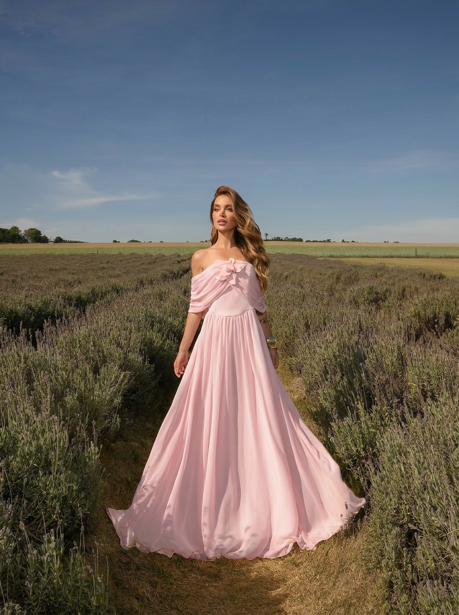 VESTIDO LONGO OMBRO A OMBRO CORSET ESTRUTURADO COM FLOR 3D REMOVÍVEL ROSA