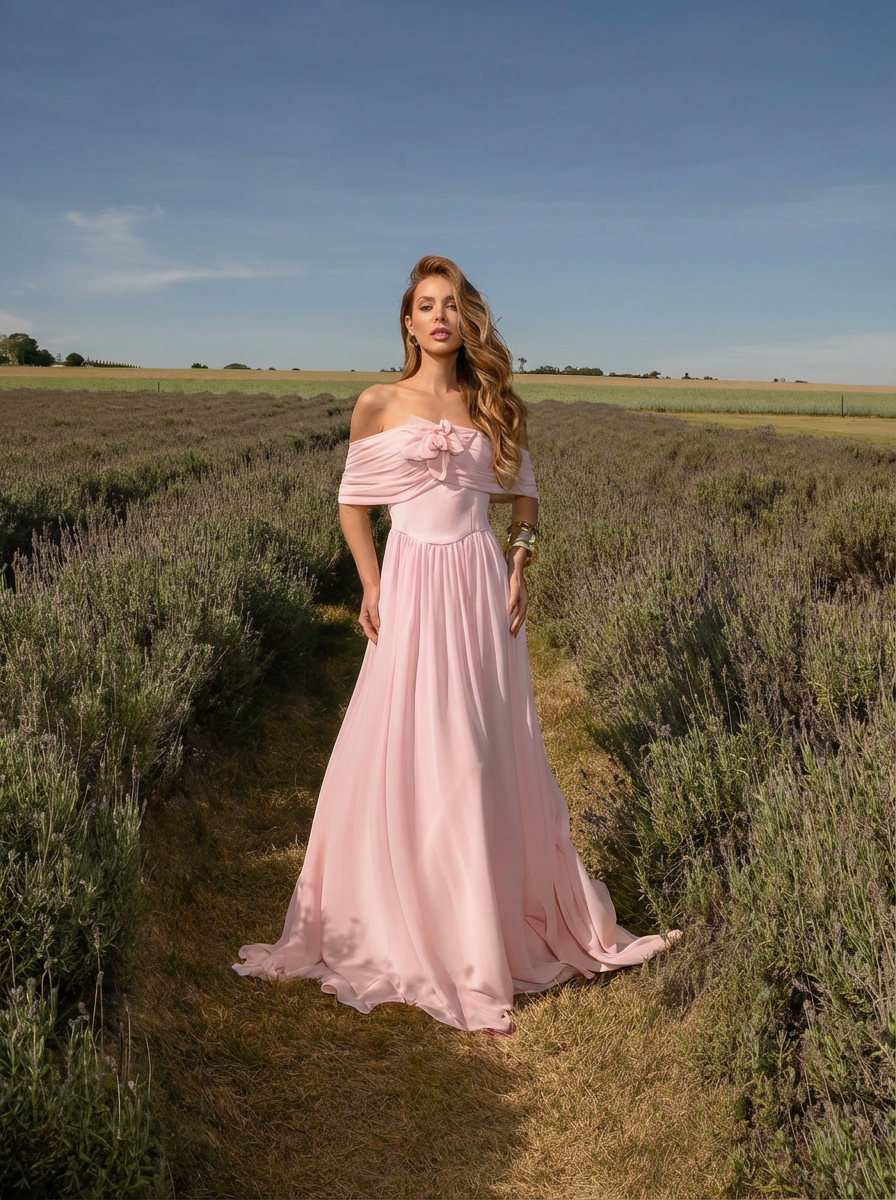 VESTIDO LONGO OMBRO A OMBRO CORSET ESTRUTURADO COM FLOR 3D REMOVÍVEL ROSA