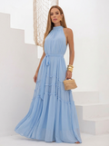 VESTIDO LONGO GOLA ALTA EM CAMADAS E FAIXA REMOVÍVEL AZUL