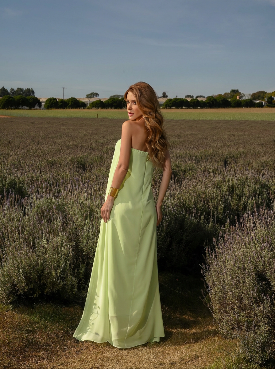 VESTIDO LONGO FLUÍDO DECOTE RETO COM LAÇO VERDE