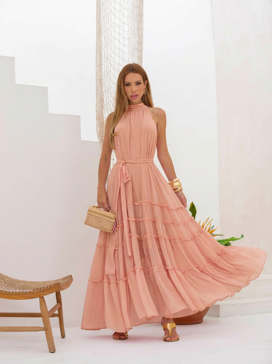 VESTIDO LONGO GOLA ALTA EM CAMADAS E FAIXA REMOVÍVEL LARANJA