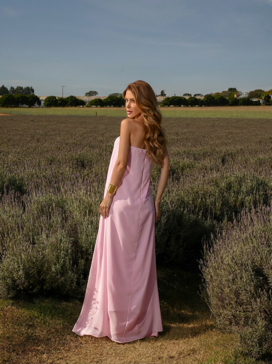 VESTIDO LONGO FLUÍDO DECOTE RETO COM LAÇO ROSA