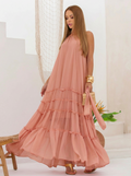 VESTIDO LONGO GOLA ALTA EM CAMADAS E FAIXA REMOVÍVEL LARANJA