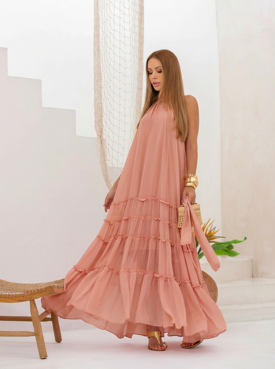 VESTIDO LONGO GOLA ALTA EM CAMADAS E FAIXA REMOVÍVEL LARANJA