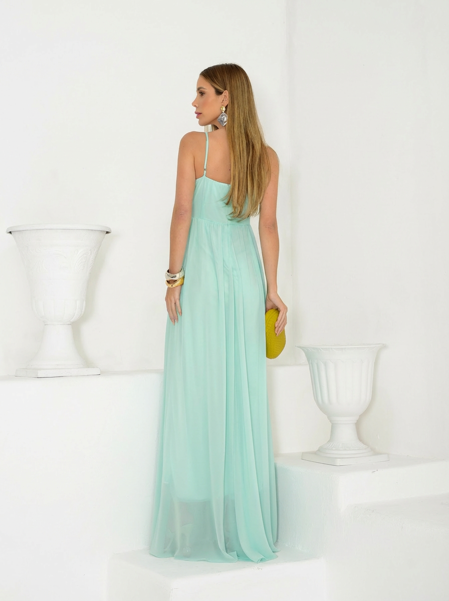 VESTIDO LONGO DECOTE RETO COM ALÇAS SAIA EM CAMADAS E DRAPEADO VERDE