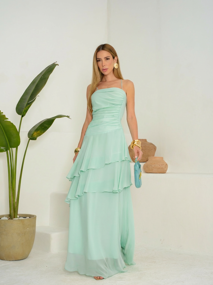 VESTIDO LONGO DECOTE RETO COM ALÇAS SAIA EM CAMADAS E DRAPEADO VERDE