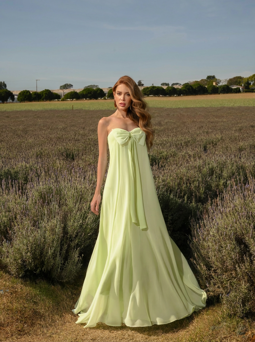 VESTIDO LONGO FLUÍDO DECOTE RETO COM LAÇO VERDE