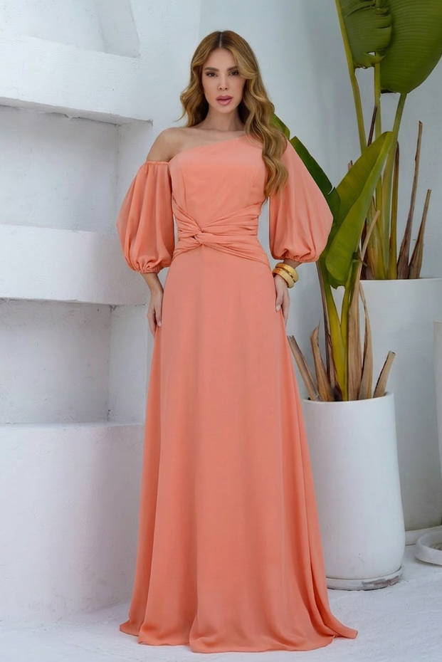 VESTIDO LONGO UM OMBRO COM MANGA BUFANTE E FLORES 3D LARANJA