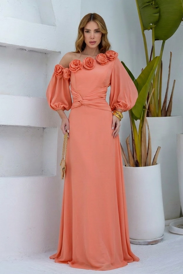 VESTIDO LONGO UM OMBRO COM MANGA BUFANTE E FLORES 3D LARANJA