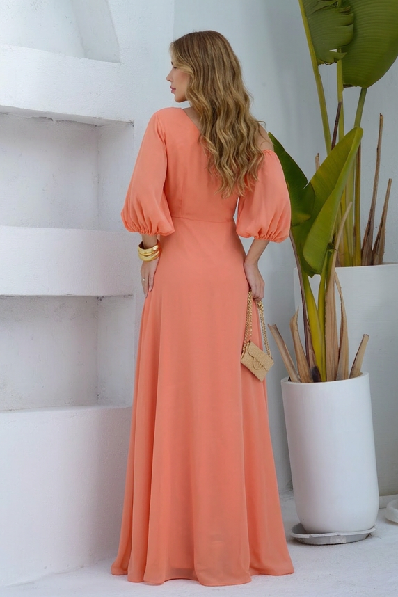 VESTIDO LONGO UM OMBRO COM MANGA BUFANTE E FLORES 3D LARANJA